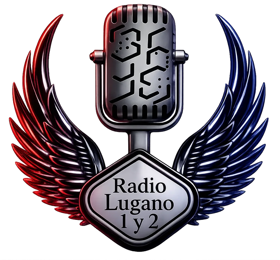 Logo de Radio Lugano 1y2: micrófono vintage con alas roja y azul